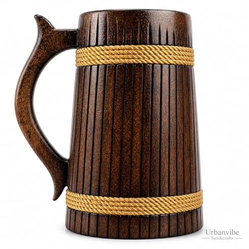 Image of Handmade Wooden Beer Mug, Wood with Sheesham Finish, Barrel Style, Lightweight & Durable, for Craft Beer, Home Bar, Cafe, Party, Gift(350ml) (Thin Verticle line)