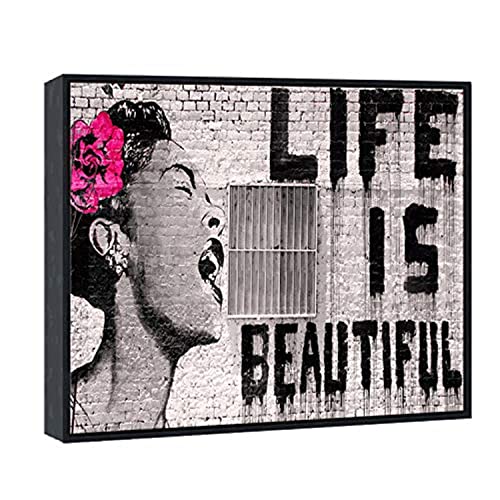 Wieco Art Framed Canvas Prints of Banksy Life is Beautiful Abstract Artwork for Wall Decor Black Frame BANKSY-2-5060-BF