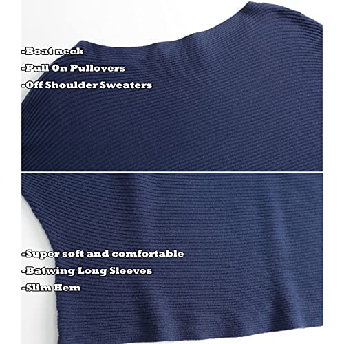 Image of Blostirno Women's Boat Neck Batwing Sleeves Dolman Ribbed Knitted Sweaters Pullovers Tops