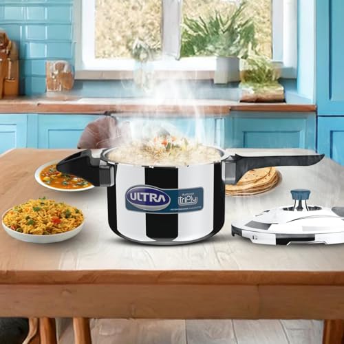 Image of Ultra Duracook Triply Pressure Cooker 3 Litre | AISI 304 Food Grade Stainless Steel Cooker | 5 Years Warranty | Injection Moulded Handles | Induction Compatible | 1.2 MM Lid Thickness | SCTS Base