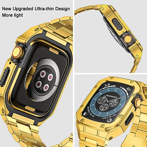 Image of BAITEYOU Stainless Steel Watch Band with Case Compatible with Apple Watch Series SE 3 2 1 /6 5 4 (44mm), Series 3 2 1 (42mm), Metal Protective Bumper Rugged Cover for iWatch Bands Men (Gold)