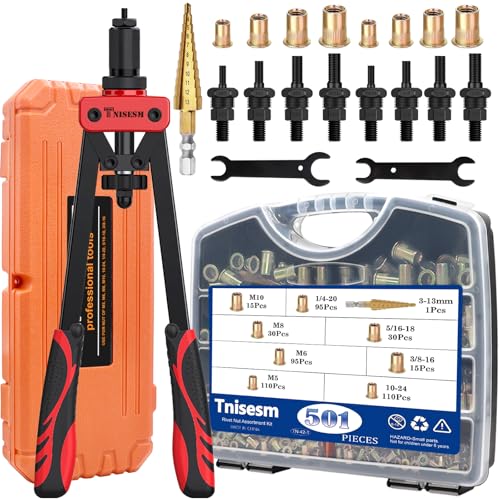 Tnisesm Rivet Nut Tool Kit, Nutsert Tool Kit with 501Pcs Rivet Nuts (1/4-20, 5/16-18, 3/8-16, M5, M6, M8, M10) 8Pcs Metric & SAE Mandrels, Step Drill Bit and Rugged Carrying Case Rivnut Tool Kits