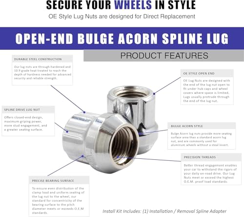 Image of Wheel Accessories Parts 24 Pcs M14x1.5 14x1.5 Thread Open End Bulge Acorn 25mm 1.00 inch Long Lug Nuts Chrome 7 Spline Truck Hex Fits Chevy Silverado GMC Sierra RAM 1500 Ford F150