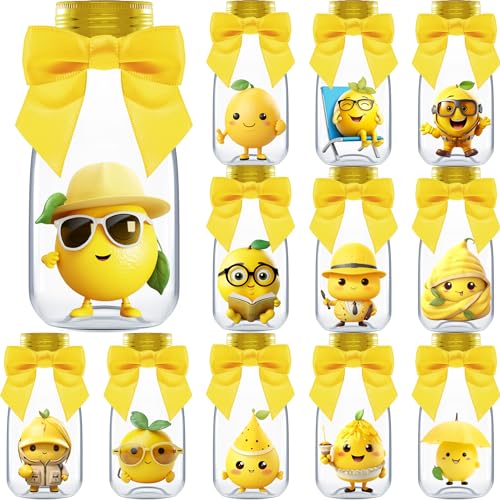 Ethisa Small 12 Pack Lemon Party Favors - DIY Candy Jars with Ribbons and Stickers - Party Decoration Bottles for Wedding, Birthday, and Baby Shower - Lemon Table Centerpieces