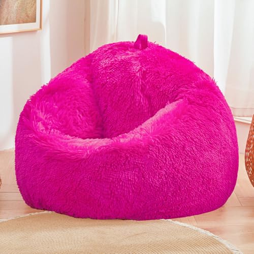 Hot Pink fluffy bean bag chair covers (No Filler), comfy Plush Hot Pink bean bag chair Cover for bedroom, stuffed animal Storage, kids adults teens girls bean bag chairs, Anti-Slip