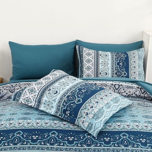 Image of Cottolester Boho Comforter Set California King Size 8 Pieces, Teal Blue Comforter Bohemian Striped Bed in A Bag, Soft Microfiber Bedding Set for All Seasons
