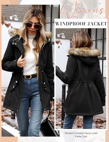 Vijamiy Winterparka Damen Warm Gefüttert Fleece Winterjacke Wasserdicht Wintermantel Winddicht Kapuzenmantel Mit Fell Lange parka(Schwarz,S)