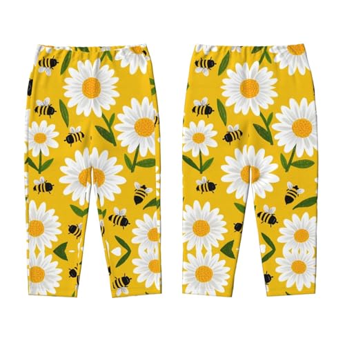 Pajama Pants Pajama Bottoms with Elastic Waistband Sleepwear Lounge PantsAnimal Bee White Daisy Flowers3