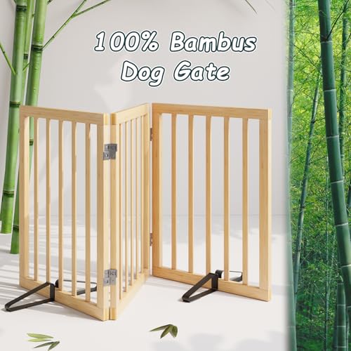 Semiocthome Freistehendes Hundegitter aus Bambus für Türen, 3-teilige Indoor-Welpentore für das Haus mit 2 Metallständern, 61 cm (H), zusammenklappbares Haustiergitter für Treppen, erweiterbar bis zu