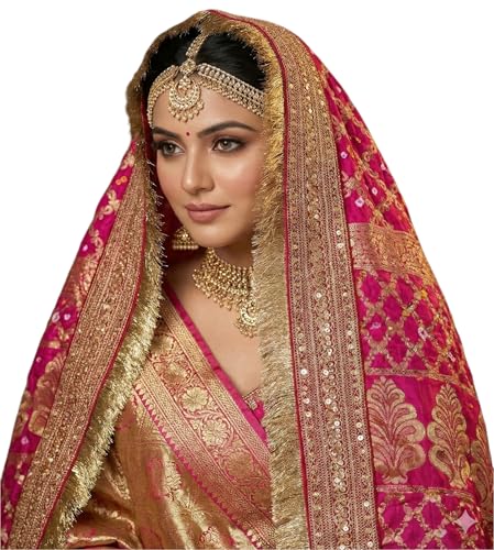 Image of Navti Creations Wedding bridal Dupatta /Chunni in banarasi silk Brocade with Katrina Kaif's Marriage dupatta's Embroidery border and 4 side golden Kiran