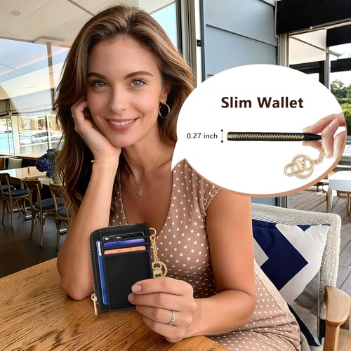 Image of GIANCOMICS Slim Wallet Credit Card Holder Women, Rfid Blocking Black Small Card Case, Keychain Thin Pocket Curved Zipper Wallet, Travel Card Holder PU Leather ID Window, Ladies Female Gifts