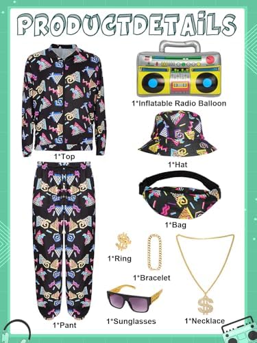 Jaren 80 outfit voor heren, jaren 90 retro trainingspak voor heren, streetwear, hiphop, carnavalskostuum, jas en broek, carnavalskostuum, cosplay-kleding (zwart, M