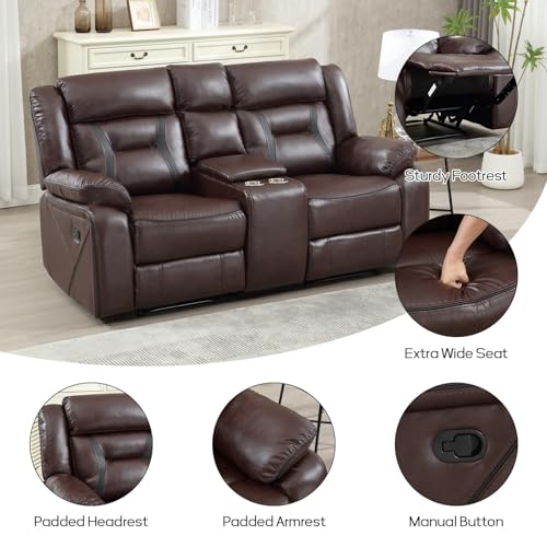 Image of EBELLO Manual Faux Leather Loveseat Recliner, 2 Seat Reclining Sofa Chair with Center Console, Hidden Storage and Cup Holders, Daul Recliner for Living Room, Meeting Room, Dark Brown (Loveseat)