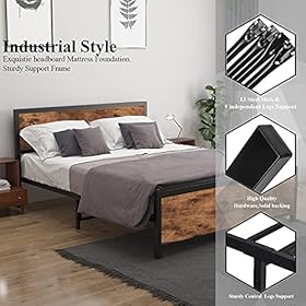 Queen Size Platform Metal Bed Frame with Wooden Headboard and Footboard/Rustic Country Style Mattress Foundation /No Box… 51e5Vs 57ES. SS280