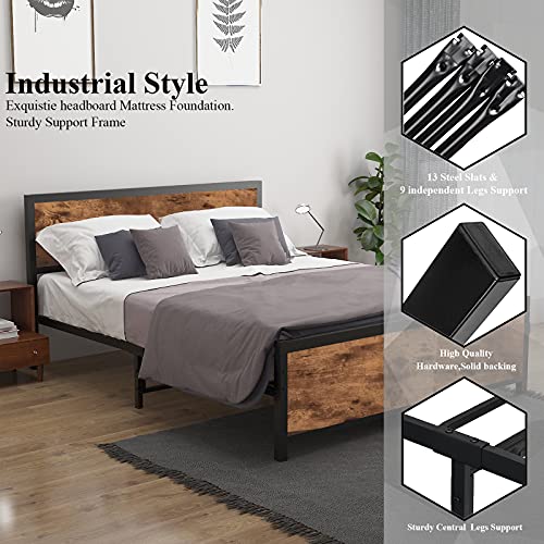 Queen-Size-Platform-Metal-Bed-Frame-with-Wooden-Headboard-and-FootboardRustic-Country-Style-Mattress-Foundation-No-Box-Spring-NeededUnder-Bed-StorageStrong-Slat-Support-Rustic-Brown-Queen 51e5Vs 57ES