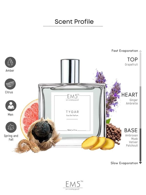 Image of EM5 Tygar Perfume for Men | Citrus Amber Fresh Spicy Fragrance | Eau de Parfum Spray | Luxury Gift for Him