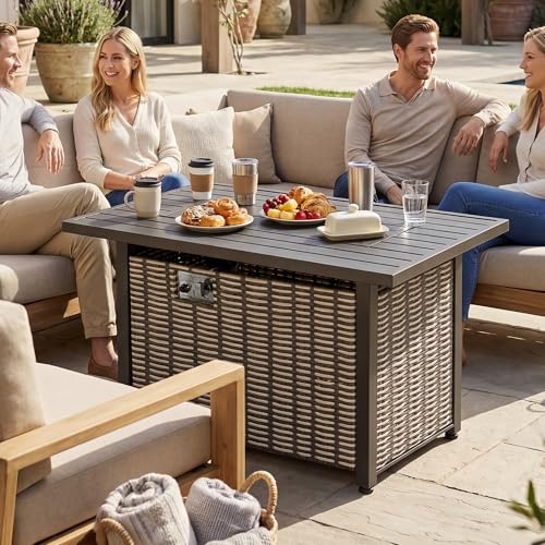 Image of Nuu Garden 43'' Propane Gas Fire Pit Rattan Outdoor Fire Pit Table 50,000 BTU Smokeless Gas Fire Pit with Lid and Glass Beads, Metal Tabletop Patio Fire Pit Table for Outside Patio Backyard, Brown