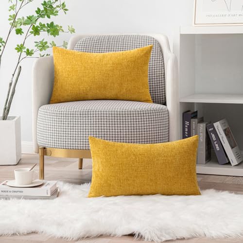 Image of MIULEE Pack of 2 Mustard Yellow Throw Pillow Covers 12x20 Inch Soft Spring Chenille Lumbar Pillow Covers for Sofa Living Room Couch Solid Dyed Cases