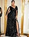 Women's Plus Size Flare Sleeve V Neck Side Split Sequin Formal Prom Dress Black