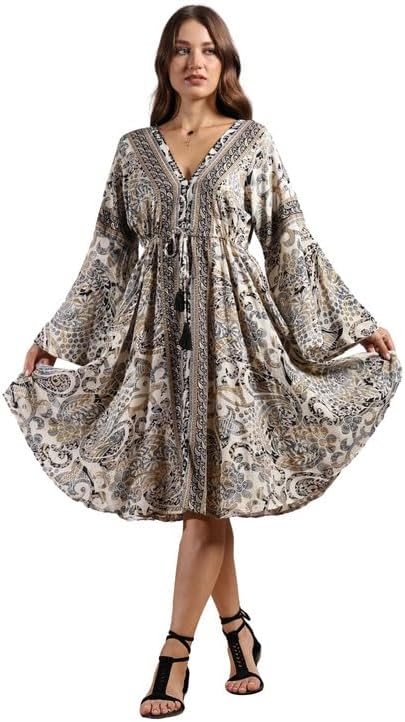 KE KANHA EXPORTS Western Dress for Women | Boho Border Print Short One Piece Dress | Beach Wear Drawstring Tassel Waist, Chinese Collar, Flared Sleeves | Soft Silky Fabric