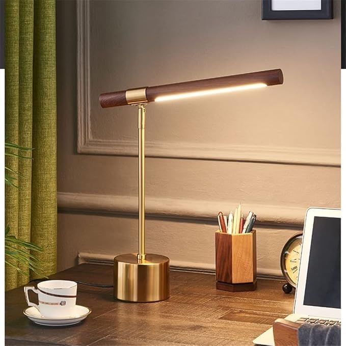 Image of Luxury Table Lamp with Brass & Walnut Wood Finish, Modern Adjustable LED Desk Light for Bedroom, Study & Office, Elegant Decorative Lighting for Home Decor
