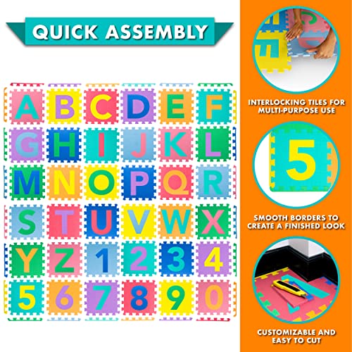 Image of ProSource Kids Puzzle Alphabet, Numbers, 36 Tiles and Edges Play Mat, 12 inch by 12 inch, Abc & 123