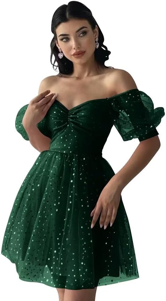 Sparkle Starry Tulle Homecoming Dresses for Juniors 2024 Short Puffy Sleeves Mini Coctail Party Gowns for Teens.