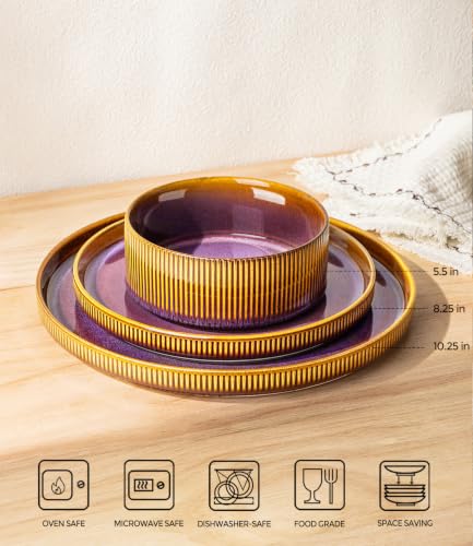 Image of TheTerra Ceramic Dinnerware Sets for 4, 12 Pieces Porcelain Lightweight Plates and Bowls Sets, Scratch Resistant Dish Set, Oven & Microwave & Dishwasher Safe, Amber Amethyst