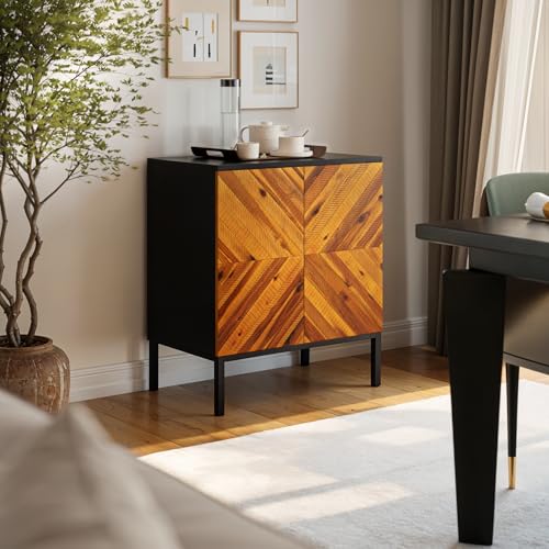 Image of Bme Vivian Sideboard Buffet Cabinet, Solid Acacia Wood Storage Cabinet with 3 Doors, Rustic Golden Brown Mid Century Modern Sideboard for Dining Room, Kitchen, or Living Room