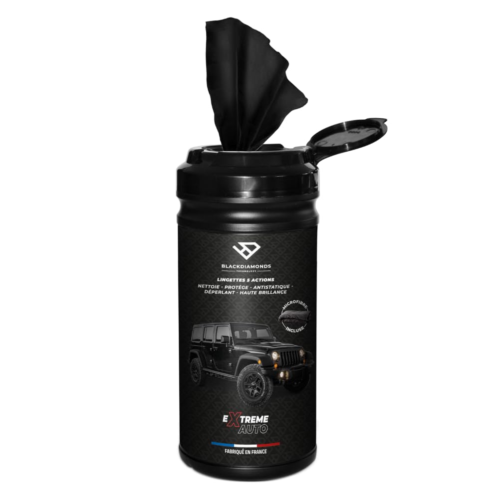 BlackDiamonds - Lingettes Nettoyantes pour VOITURE - 5 Actions - Nettoie, Protège, Antistatique, Déperlant & Haute Brillance - Sans Eau ni rinçage- 80 Lingettes