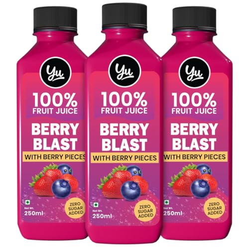 Image of Yu Foodlabs 100% Fruit Juice - Berry Blast - With Blueberry Pieces - Pack of 3 - No Added Sugar Healthy Beverage - 100% Natural Ingredients - Zero Preservatives - 750 ml (3 x 250 ml) - Yu
