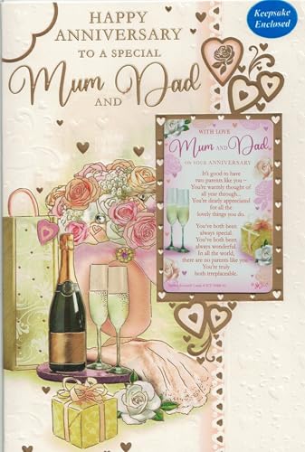 Anniversary Card for Mum and Dad with Keepsake Card Attached Luxury Floral Champagne Design Special Parents Wedding Anniversary Card from Son or Daughter