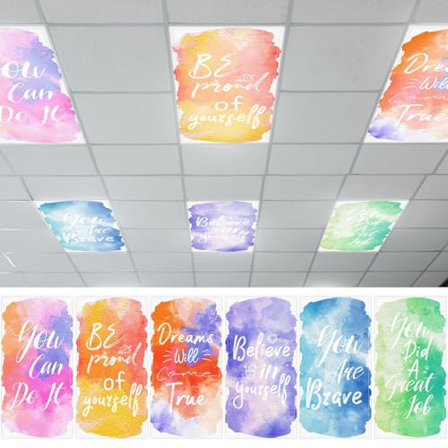 6pcs Fluorescent Light Covers, 4x2 Feet Magnetic Light Cover Watercolor Motivational Fluorescent Lights Shade Panel Positive Inspirational Ceiling Lights Filters for Office Classroom Home Drop Ceiling
