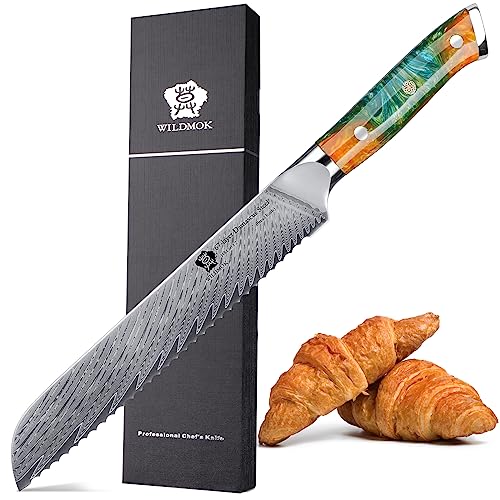 WILDMOK Couteau à pain dentelé, motif plumes en acier de Damas Couteau à pain ultra tranchant 20,3 cm, pour trancher le pain, Série Shu Manche en résine avec élégant coffret