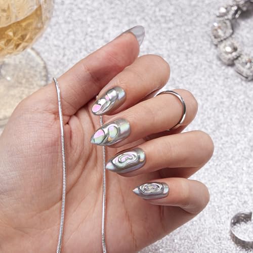 VSALON Press on Nails Short Almond - Holographic Chrome Silver Cat Eye Gel Nails for Women, 3D Metallic Fake Nails Kit Reusable Salon Gel Summer Glue on Nails - 32 PCS Stick on Nails in 16 Sizes