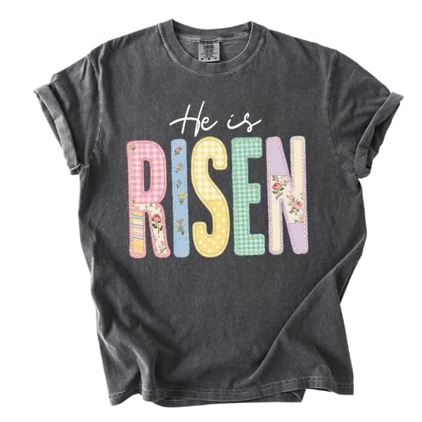 FITIN He is Risen Patchwork Garment-Dyed T-Shirt Pastel Easter Graphic Tee Jesus Resurrection Unisex Shirt (US Alpha Medium Regular Regular Pepper)