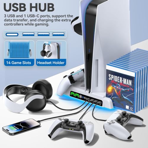 Image of PS5 /Slim /Pro Stand and Cooling Station with LED Controller Charging Station for PlayStation 5 Console, Controller Charger, Cooling Stand, PS5 /Slim /Pro Skin Accessories Kit with 3 Level Cooler Fan
