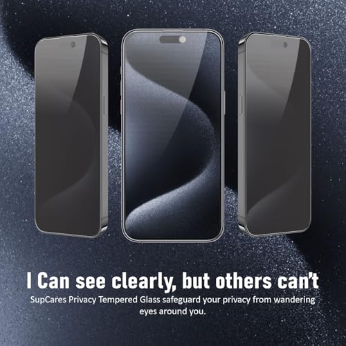 Image of SupCares Privacy Tempered Glass for iPhone 15 Pro (6.1 Inch) With Installation Kit | Military-Grade Gorilla Screen Protector | Edge to Edge Coverage | Black