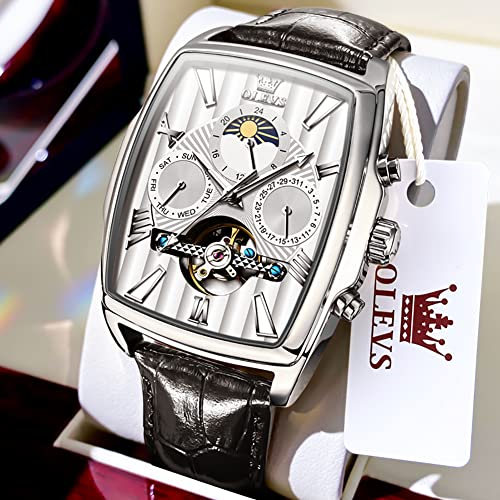Image of OLEVS Mechanical Dress Mens Watches Square Brown Leather Strap Moon Phase Skeleton Tourbillion Day Date Waterproof Luminous Men's Wrist Watches