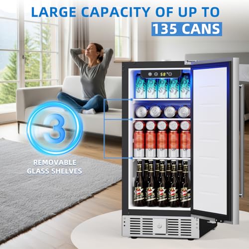 Image of Antarctic Star 15 Inch Outdoor Beverage Refrigerator, 135 Can Stainless Steel Mini Fridge, Undercounter Built-in or Freestanding, Fast Cooling Low Noise Wine Cooler for Home Patio, 32-50F