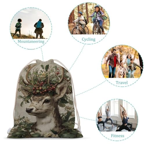Christmas Deer with Holly Crown Vintage Drawstring Backpack Canvas String Bag Lightweight Sports Gym Bag for Men Women3