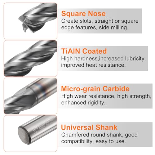 Image of HARFINGTON Carbide Square Nose End Mill Bit 8mm Cut Dia 4 Flutes TiAlN Coated Milling Cutter for Hardened Steel Metal (8mm Shank 20mm Cut Length 60mm Long 45 Degree HRC53-55)