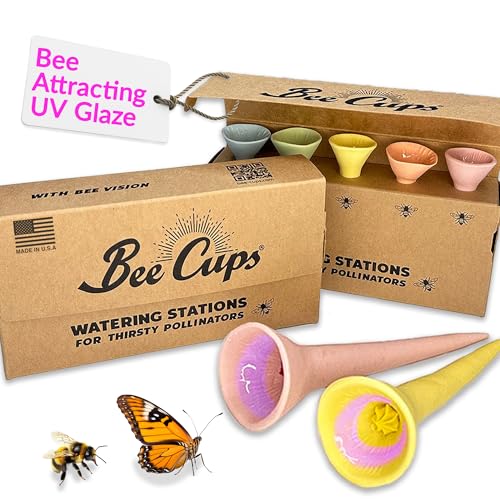 Bee Cups 5 Pack Bee Watering Station 100% Handmade from Porcelain Bee and Butterfly Feeder for Garden Outdoor Feeder For Thirsty Pollinators Plastic Free Bee Attracting Glaze (5 Pastel Variety)