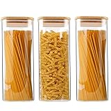 Glass Storage Jars, Set of 3 (Square)-Glass Storage Containers with Bamboo Lid For Spaghetti,...