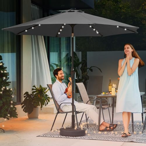Image of JEAREY 9FT Outdoor Patio Umbrella with Solar Lights, LED Lighted Pool Umbrella with Tilt and Crank, Outdoor Table Umbrellas for Deck, Yard & Market (Grey)