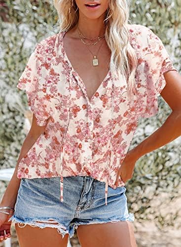 Dokotoo Women's Casual Boho Floral Printed V Neck Tops Drawstring Short Long Sleeve Blouses Button Down T Shirts 2 Dokotoo Women's Casual Boho Floral Printed V Neck Tops Drawstring Short Long Sleeve Blouses Button Down T Shirts