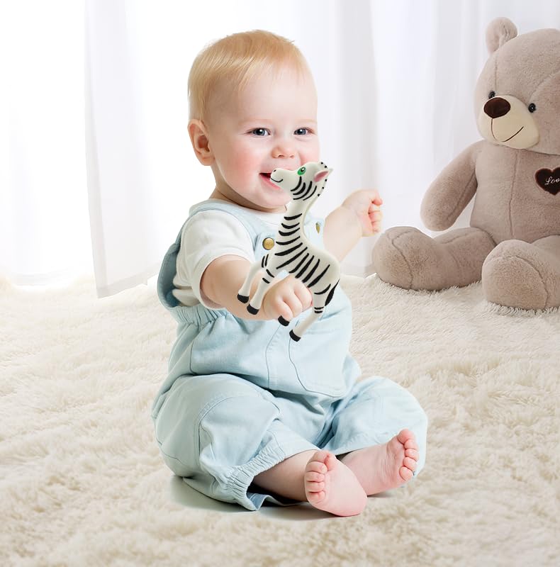 Image of Silicone Zebra Baby Teether Toy for Soothing Sore Gums Baby Chew Toys with Multi-Sensory Textures and Squeaker