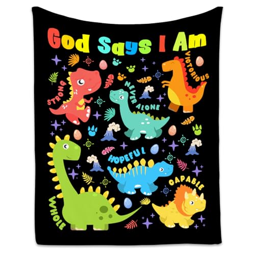 Dinosaur Blanket, Cozy Soft Throw Gifts for Teens Boys, 50x60 Inch Cute Flannel Blanket for Dinosaur Lovers, God Says I Am Throw Blankets for Bed Travel