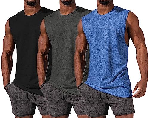 HOTCAT Camiseta sin mangas para hombre, sin mangas, para gimnasio, deporte, camiseta interior para hombre, chaleco de fitness, Azul/Gris Oscuro/Negro, L