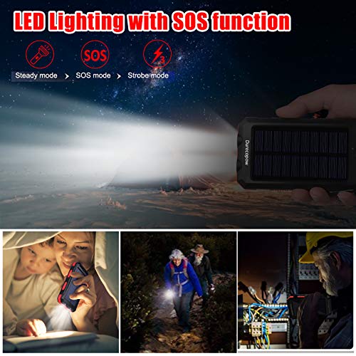 Durecopow Solar Charger, 20000Mah Portable Outdoor Waterproof Solar Power Bank, Camping External Backup Battery Pack Dual 5V Usb Ports Output, 2 Led Light Flashlight With Compass (Red) #TOP4